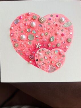Pink Heart Gem Embellished Canvas Wall Art Jeweled Hearts – 10x10 Original Art
